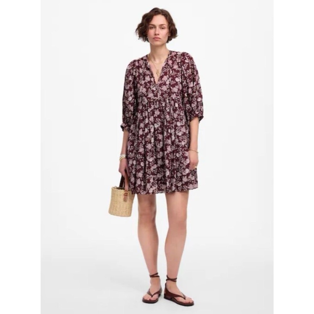 Madewell Floral V Neck Puff Sleeve Mini Dress L Burgundy Babydoll Boho Flowy